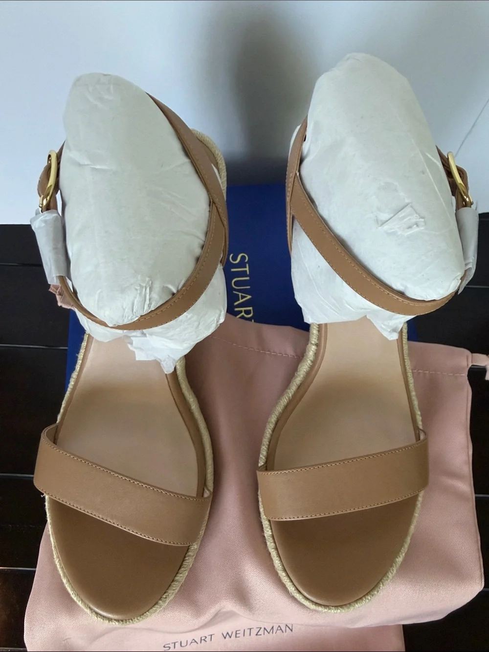 BNIB STUART WEITZMAN Teddi Espadrille Wedge Sandal Ankle Strap sandalwood Sz 12 - Picture 3 of 5